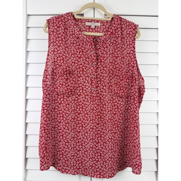 LOFT Tops - LOFT Sleeveless Blouse Women XXL Red Floral Henley Shell Pocket Top